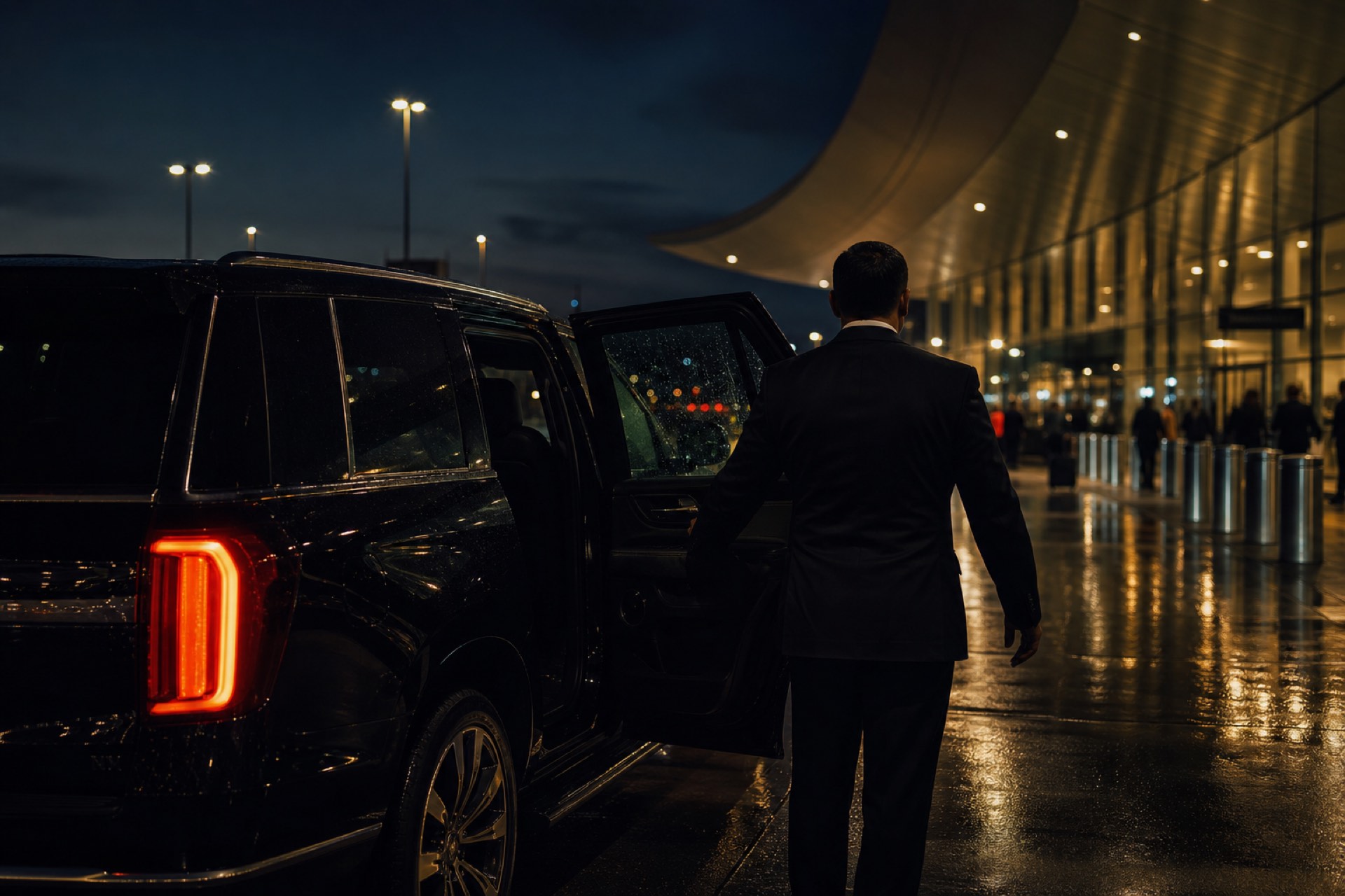 Private black car waiting at the airport curb at night